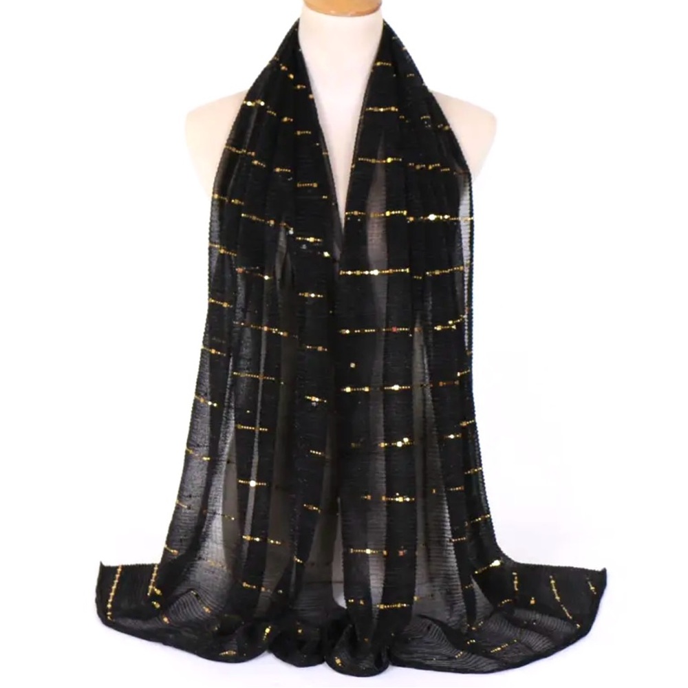 Sparkling Black Gold & Silver Sheer Metallic Scarf Shawl